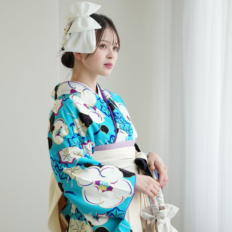 【レンタル】紅一点 2尺袖 袴 17点セット 91-99cm 日本製 レトロモダン系 椿 水色系（1020655601）