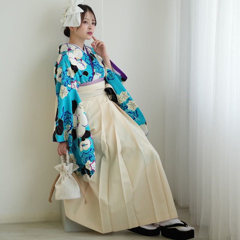 【レンタル】紅一点 2尺袖 袴 17点セット 91-99cm 日本製 レトロモダン系 椿 水色系（1020655601）