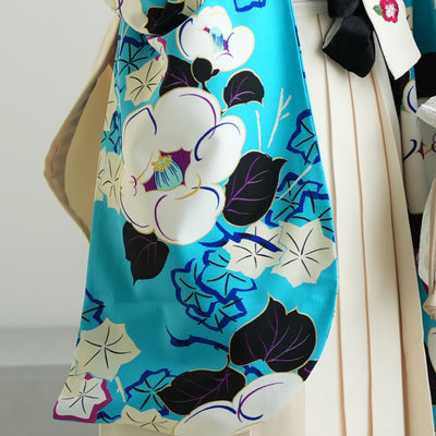 【レンタル】紅一点 2尺袖 袴 17点セット 91-99cm 日本製 レトロモダン系 椿 水色系（1020655601）