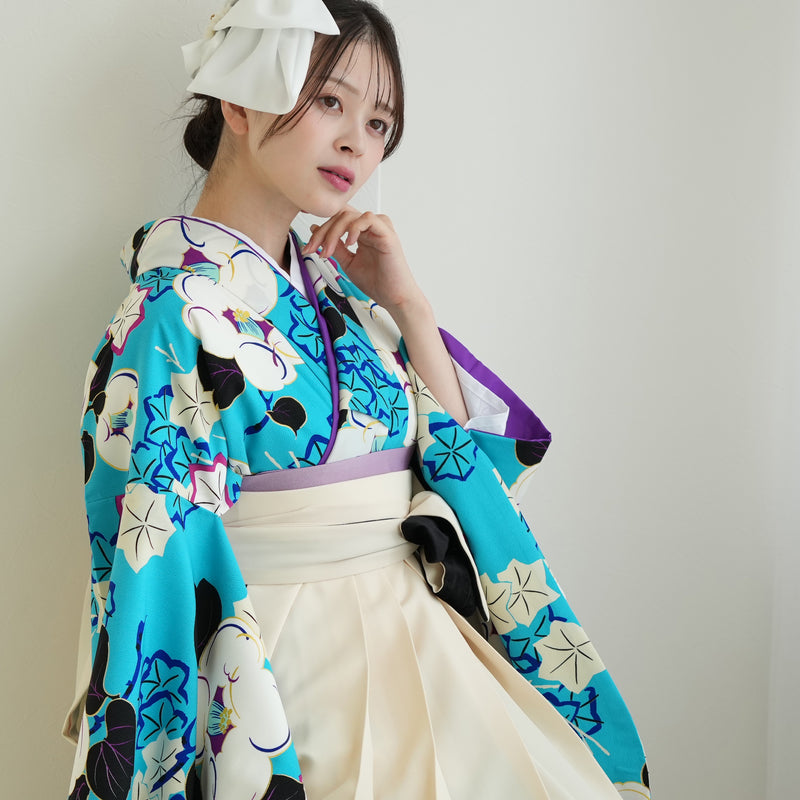 【レンタル】紅一点 2尺袖 袴 17点セット 91-99cm 日本製 レトロモダン系 椿 水色系（1020655601）