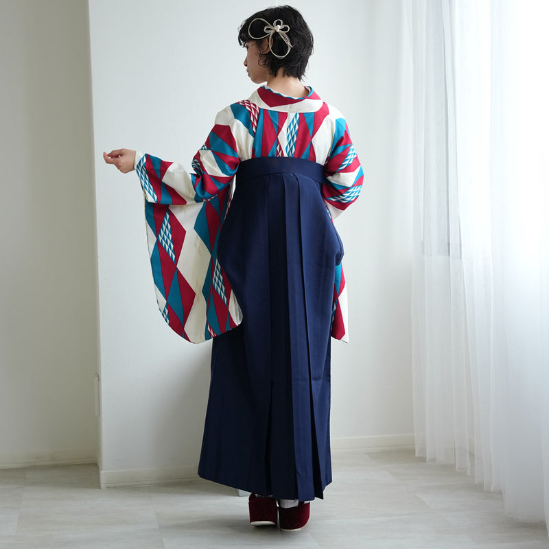 【レンタル】ひよこ商店 2尺袖 袴 17点セット 91cm レトロモダン系 幾何学 マルチ系（1020663811）