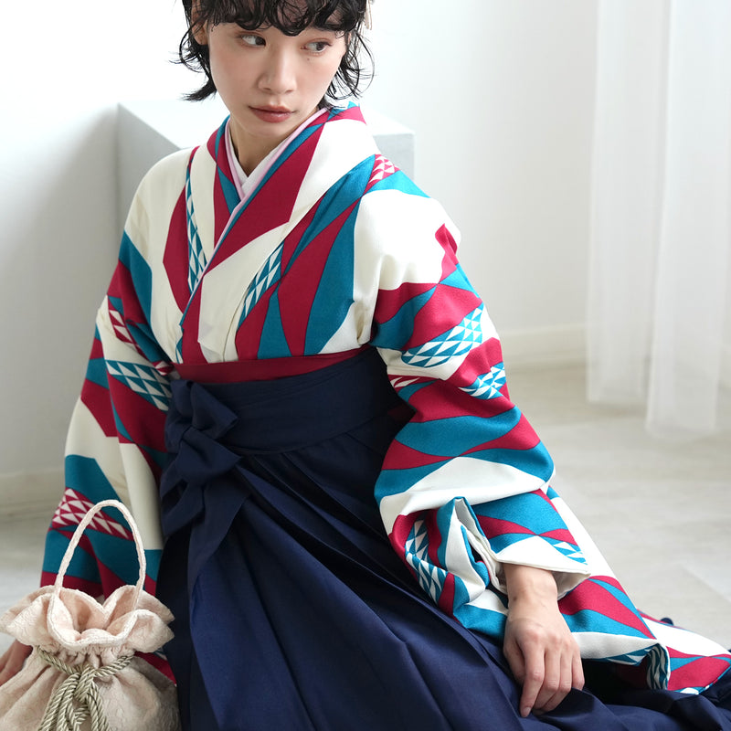 【レンタル】ひよこ商店 2尺袖 袴 17点セット 91cm レトロモダン系 幾何学 マルチ系（1020663811）