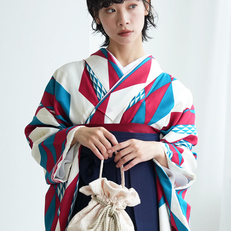 【レンタル】ひよこ商店 2尺袖 袴 17点セット 91cm レトロモダン系 幾何学 マルチ系（1020663811）