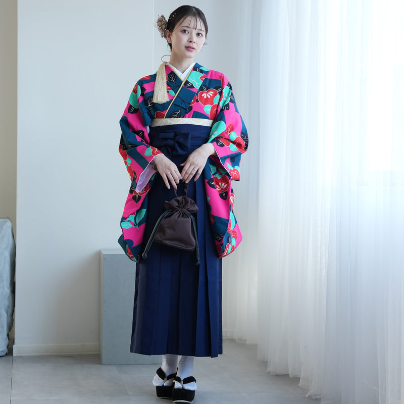 【レンタル】2尺袖 袴 17点セット 91cm レトロモダン系 花 マルチ系（1020667711）