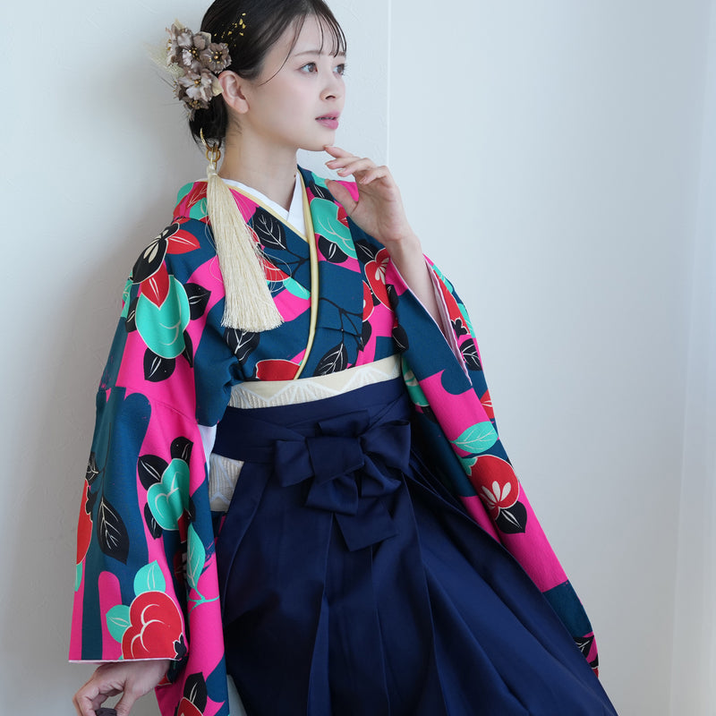 【レンタル】2尺袖 袴 17点セット 91cm レトロモダン系 花 マルチ系（1020667711）