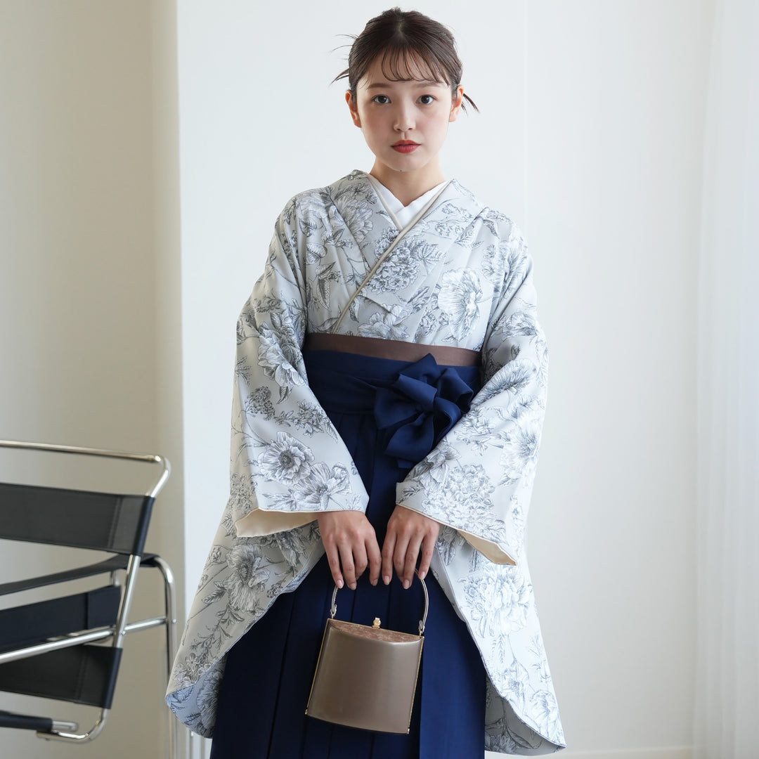2尺袖 ポリエステル着物 袴用 異素材 モダン 蔓花文様 二尺袖着物 袴用 レトロモダン 女性 和装 半着タイプ| きもの館