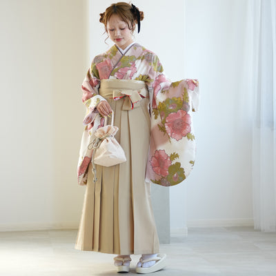 【レンタル】ひよこ商店 2尺袖 袴 17点セット 91-99cm レトロモダン系 花柄 アイボリー系（1020673302）