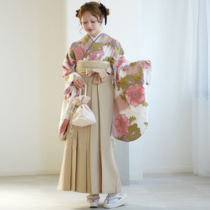 【レンタル】ひよこ商店 2尺袖 袴 17点セット 91-99cm レトロモダン系 花柄 アイボリー系（1020673302）