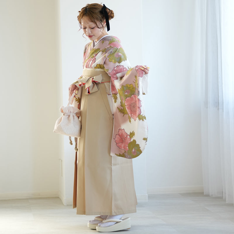 【レンタル】ひよこ商店 2尺袖 袴 17点セット 91-99cm レトロモダン系 花柄 アイボリー系（1020673302）