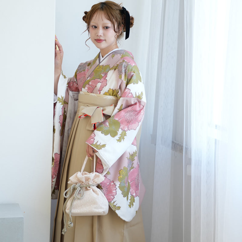 【レンタル】ひよこ商店 2尺袖 袴 17点セット 91-99cm レトロモダン系 花柄 アイボリー系（1020673302）