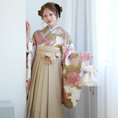 【レンタル】ひよこ商店 2尺袖 袴 17点セット 91-99cm レトロモダン系 花柄 アイボリー系（1020673302）