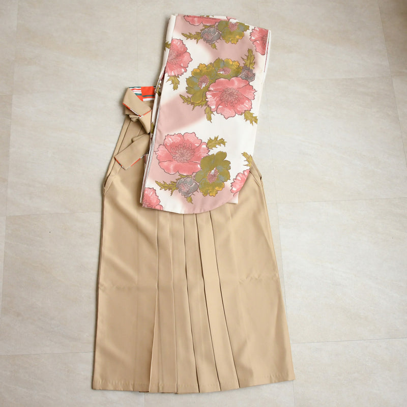 【レンタル】ひよこ商店 2尺袖 袴 17点セット 91-99cm レトロモダン系 花柄 アイボリー系（1020673302）