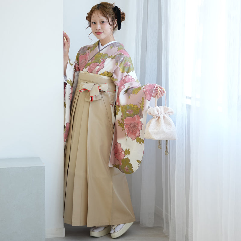 【レンタル】ひよこ商店 2尺袖 袴 17点セット 91-99cm レトロモダン系 花柄 アイボリー系（1020673302）