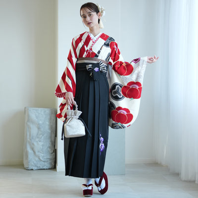 【レンタル】 袴 17点セット JAPAN STYLE  袴91-99cm（身長153-170cm） 二尺袖着物 フルセット レディース 大学生 卒業式 重ね衿縫い付済 （1020675101）