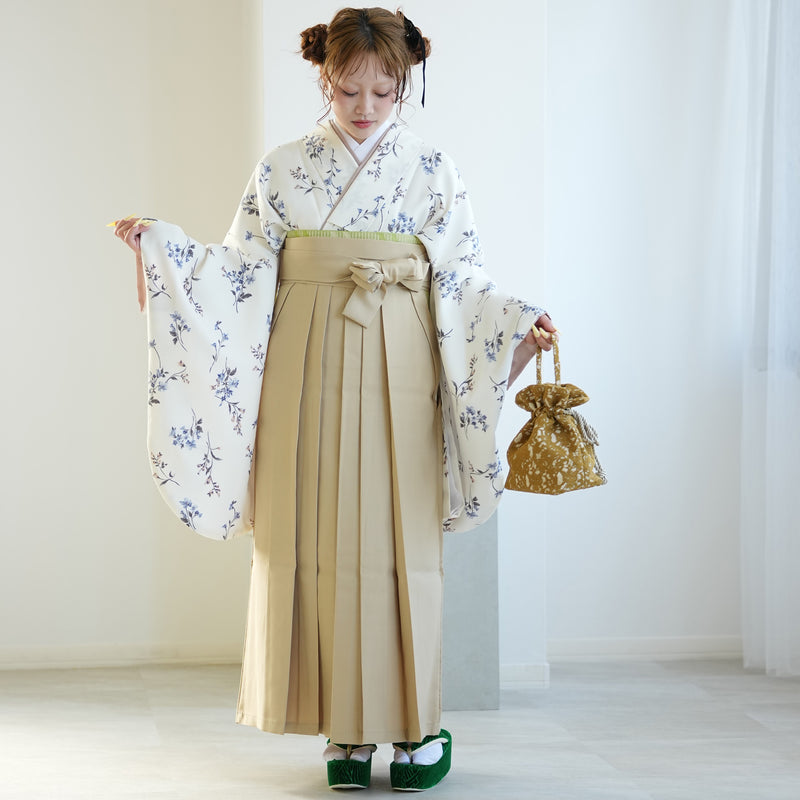 【レンタル】2尺袖 袴 17点セット 91cm 国産生地 レトロモダン系 花柄 白系（1020683211）