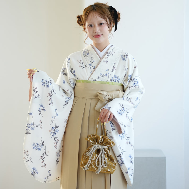 【レンタル】2尺袖 袴 17点セット 91cm 国産生地 レトロモダン系 花柄 白系（1020683211）