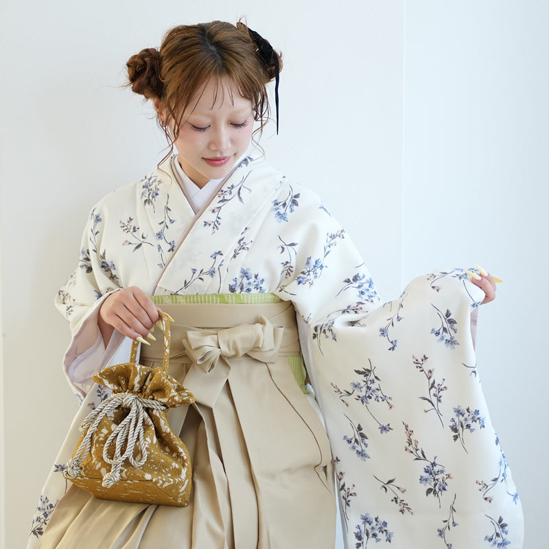 【レンタル】2尺袖 袴 17点セット 91cm 国産生地 レトロモダン系 花柄 白系（1020683211）