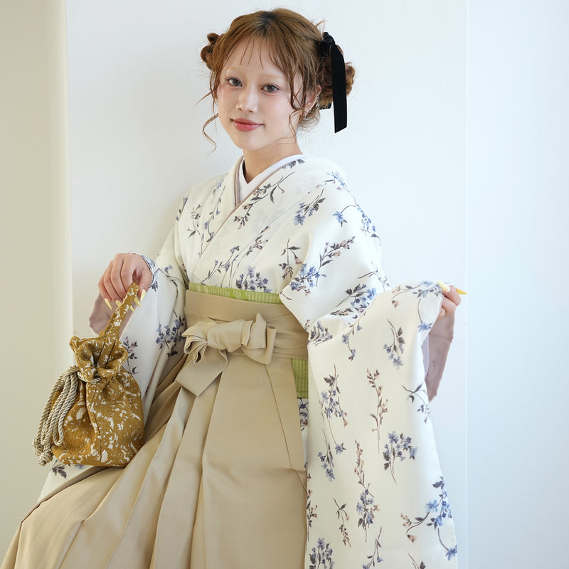 【レンタル】2尺袖 袴 17点セット 91cm 国産生地 レトロモダン系 花柄 白系（1020683211）