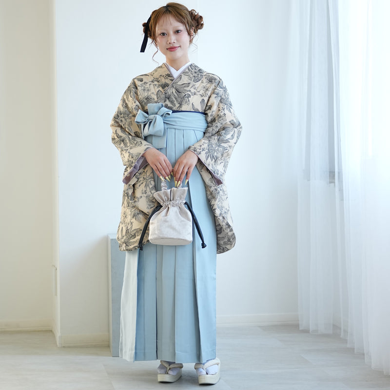 【レンタル】2尺袖 袴 17点セット 91-99cm 国産生地 レトロモダン系 花 ベージュ系（1020684201）