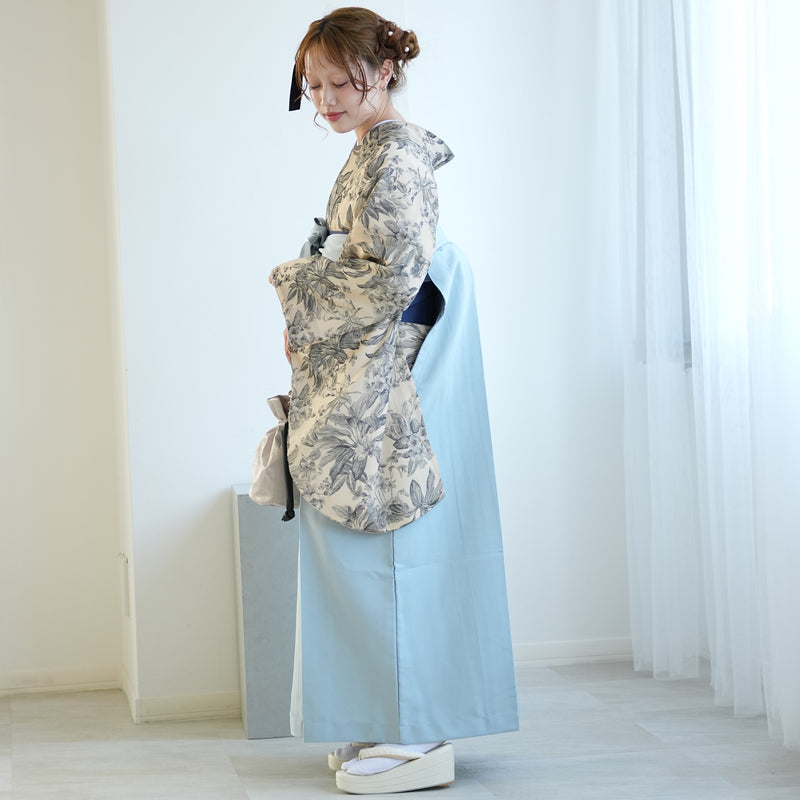 【レンタル】2尺袖 袴 17点セット 91-99cm 国産生地 レトロモダン系 花 ベージュ系（1020684201）