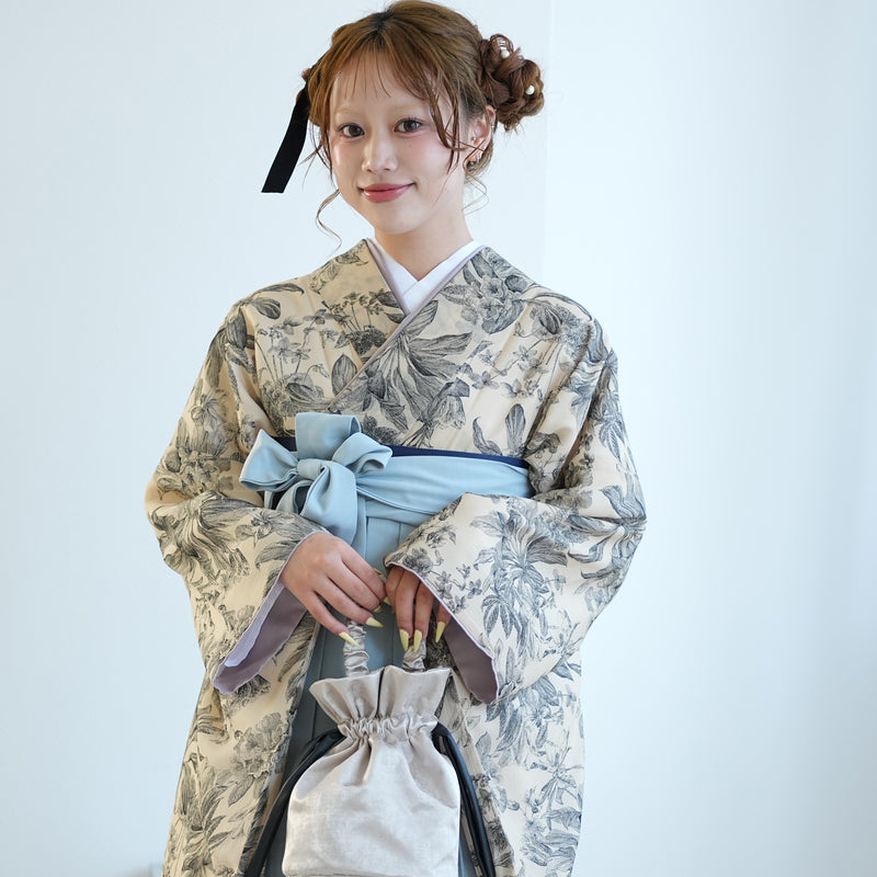 【レンタル】2尺袖 袴 17点セット 91-99cm 国産生地 レトロモダン系 花 ベージュ系（1020684201）