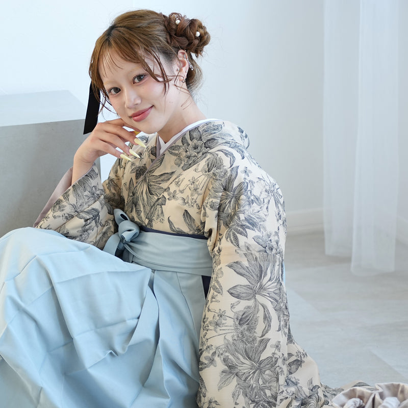 【レンタル】2尺袖 袴 17点セット 91-99cm 国産生地 レトロモダン系 花 ベージュ系（1020684201）