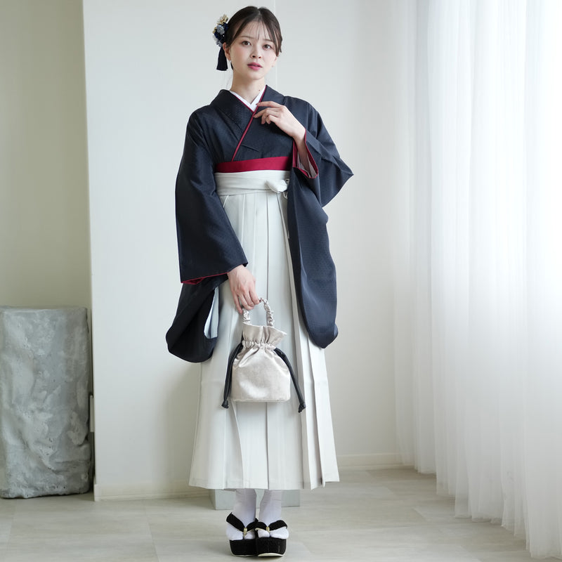 【レンタル】2尺袖 袴 17点セット 91cm 国産生地 レトロモダン系 ドット 黒系（1020684711）