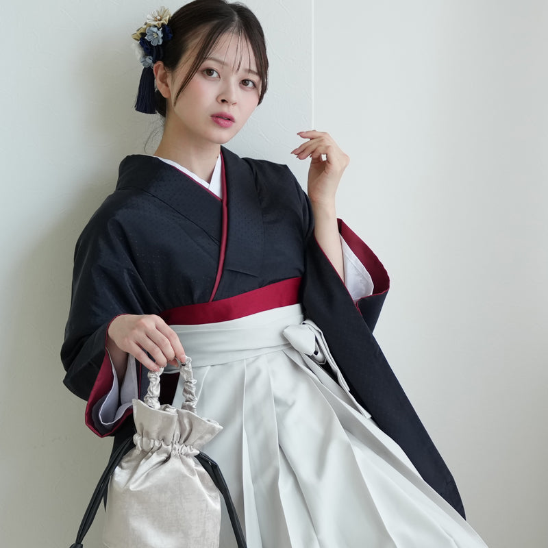 【レンタル】2尺袖 袴 17点セット 91cm 国産生地 レトロモダン系 ドット 黒系（1020684711）