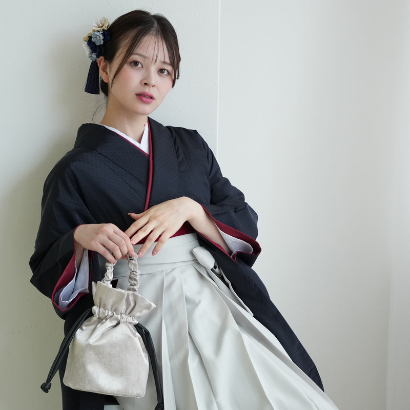 【レンタル】2尺袖 袴 17点セット 91cm 国産生地 レトロモダン系 ドット 黒系（1020684711）