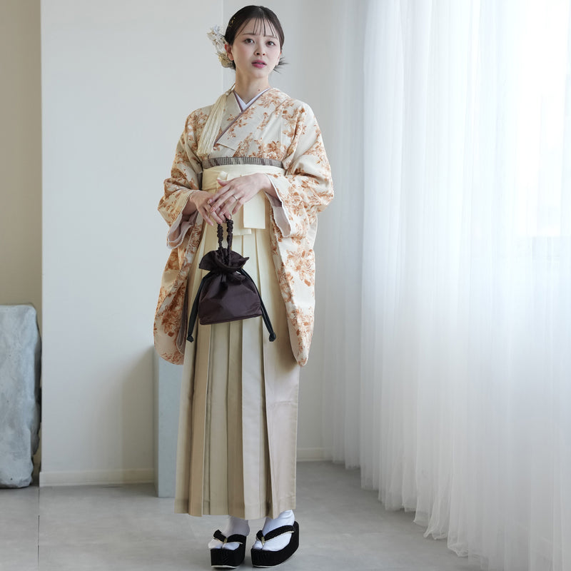 【レンタル】utatane 2尺袖 袴 17点セット 91-99cm 国産生地 大人 綺麗系 花柄 茶系（1020687201）
