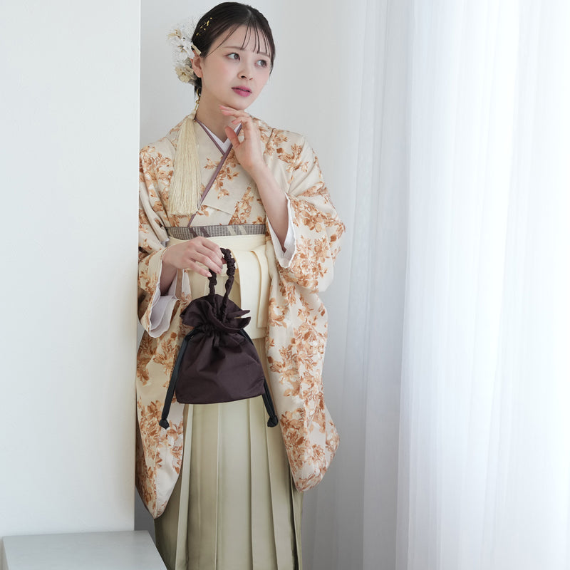 【レンタル】utatane 2尺袖 袴 17点セット 91-99cm 国産生地 大人 綺麗系 花柄 茶系（1020687201）