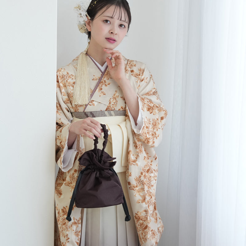 【レンタル】utatane 2尺袖 袴 17点セット 91-99cm 国産生地 大人 綺麗系 花柄 茶系（1020687201）