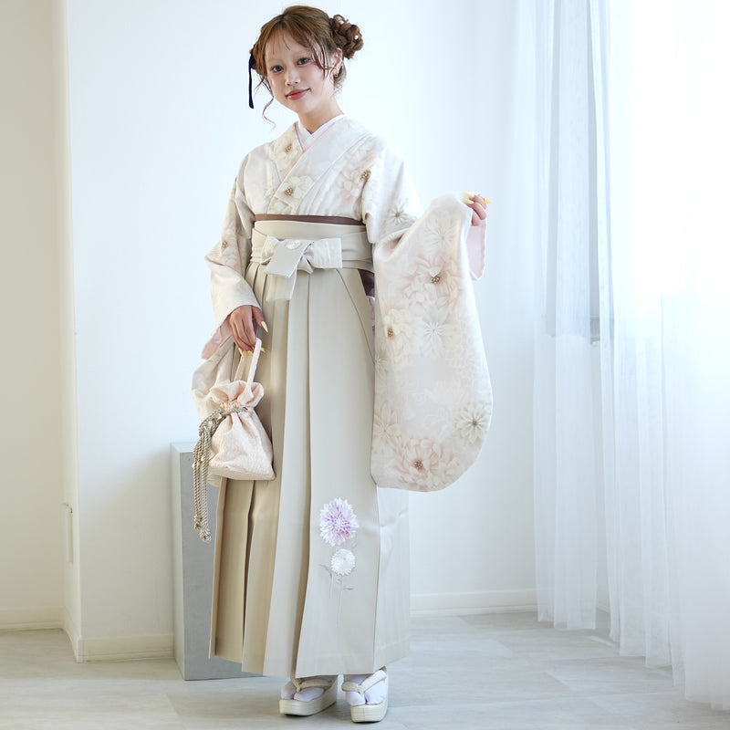 【レンタル】玉城ティナ×紅一点 2尺袖 袴 17点セット 91-99cm 日本製 古典柄 レトロ アンティーク系 花 ベージュ系（1020697301）