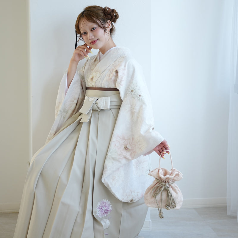 【レンタル】玉城ティナ×紅一点 2尺袖 袴 17点セット 91-99cm 日本製 古典柄 レトロ アンティーク系 花 ベージュ系（1020697301）