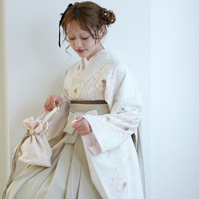 【レンタル】玉城ティナ×紅一点 2尺袖 袴 17点セット 91-99cm 日本製 古典柄 レトロ アンティーク系 花 ベージュ系（1020697301）