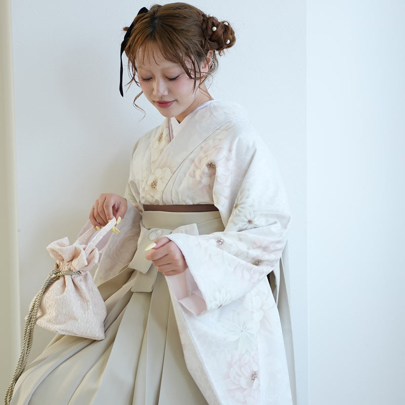 【レンタル】玉城ティナ×紅一点 2尺袖 袴 17点セット 91-99cm 日本製 古典柄 レトロ アンティーク系 花 ベージュ系（1020697301）