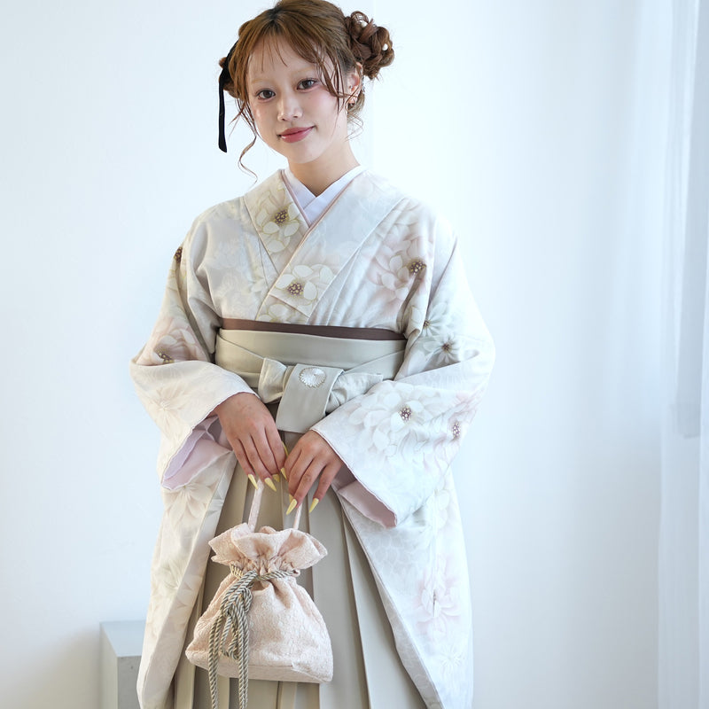 【レンタル】玉城ティナ×紅一点 2尺袖 袴 17点セット 91-99cm 日本製 古典柄 レトロ アンティーク系 花 ベージュ系（1020697301）