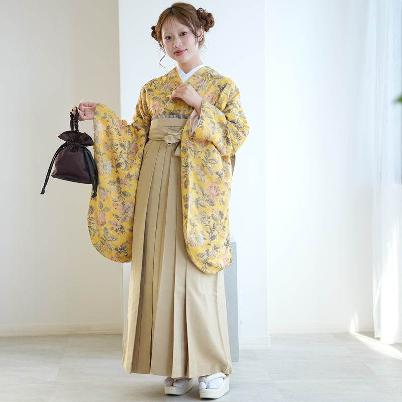 【レンタル】utatane 2尺袖 袴 17点セット 91-99cm レトロモダン系 花柄 からし系（1020706301）