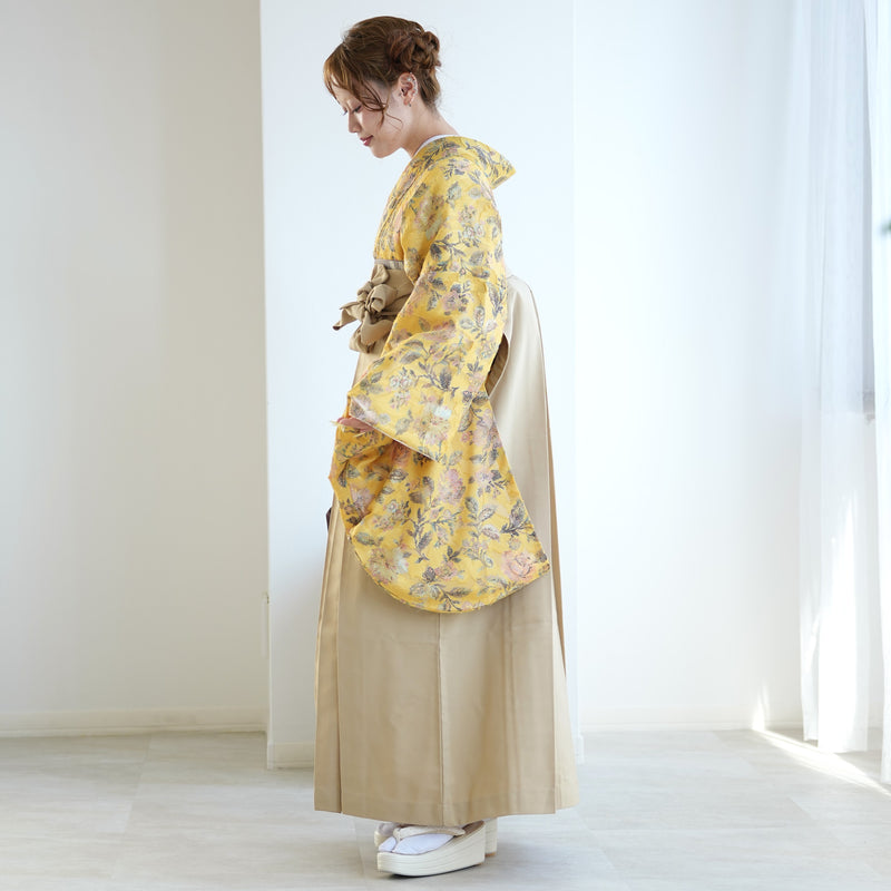 【レンタル】utatane 2尺袖 袴 17点セット 91-99cm レトロモダン系 花柄 からし系（1020706301）