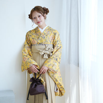 【レンタル】utatane 2尺袖 袴 17点セット 91-99cm レトロモダン系 花柄 からし系（1020706301）