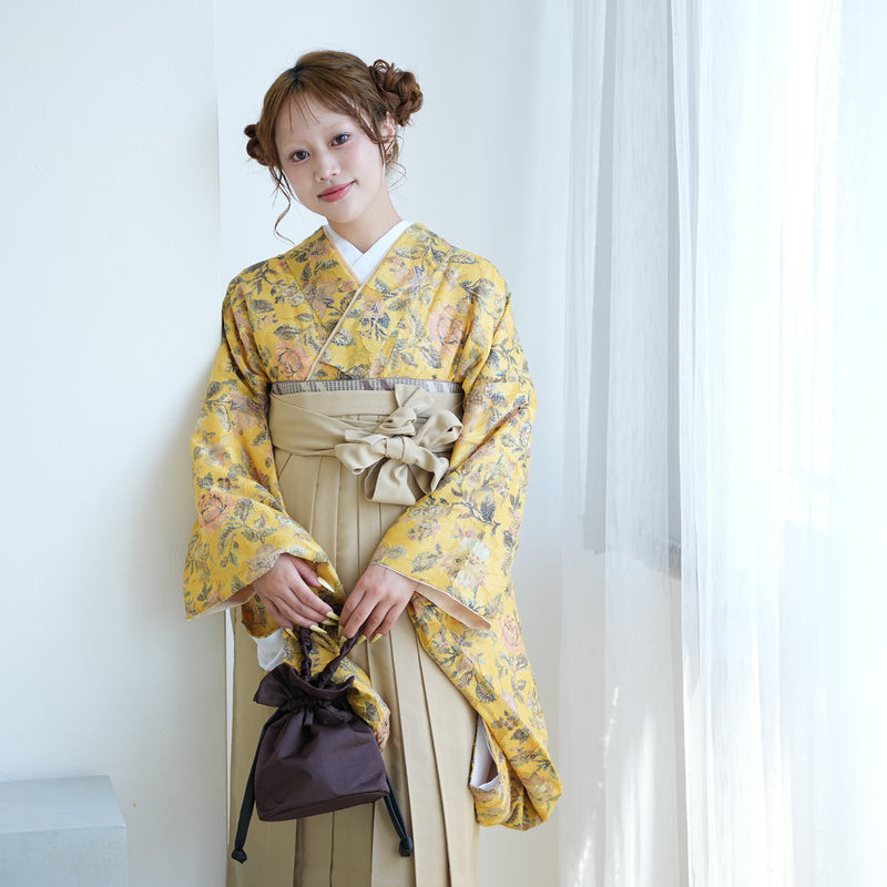 【レンタル】utatane 2尺袖 袴 17点セット 91-99cm レトロモダン系 花柄 からし系（1020706301）