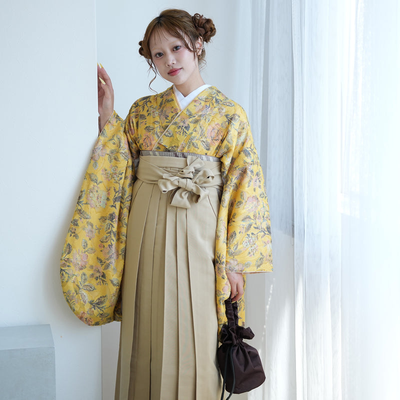 【レンタル】utatane 2尺袖 袴 17点セット 91-99cm レトロモダン系 花柄 からし系（1020706301）