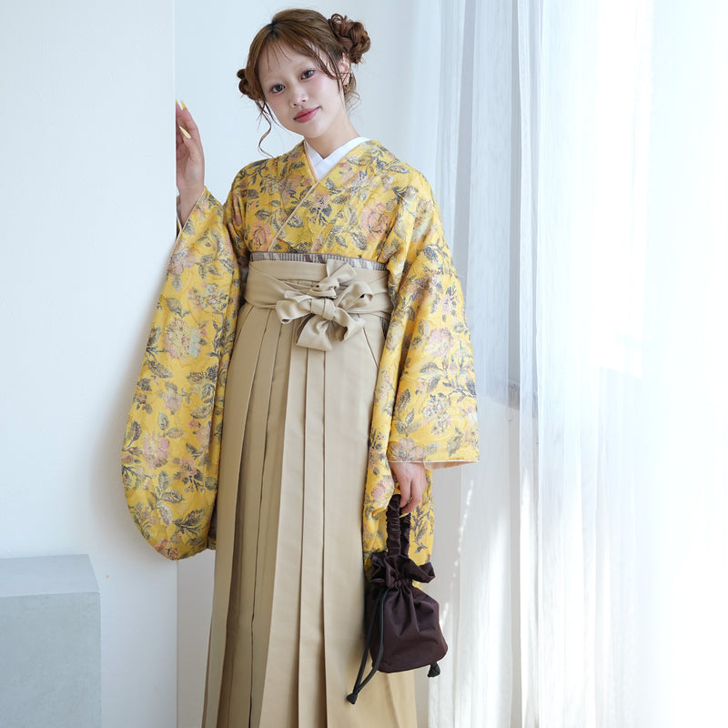 【レンタル】utatane 2尺袖 袴 17点セット 91-99cm レトロモダン系 花柄 からし系（1020706301）