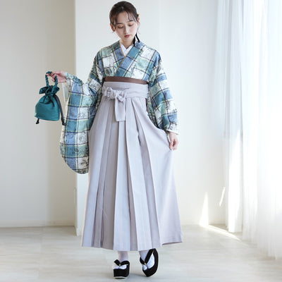 【レンタル】utatane 2尺袖 袴 17点セット 91-99cm レトロモダン系 チェック 青系（1020708001）