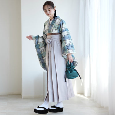 【レンタル】utatane 2尺袖 袴 17点セット 91-99cm レトロモダン系 チェック 青系（1020708001）