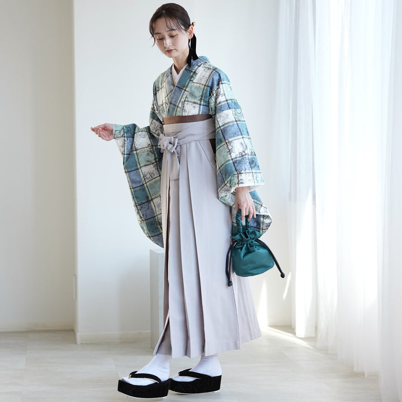 【レンタル】utatane 2尺袖 袴 17点セット 91-99cm レトロモダン系 チェック 青系（1020708001）