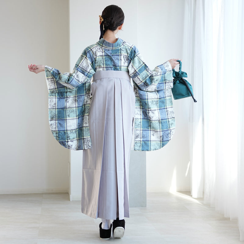 【レンタル】utatane 2尺袖 袴 17点セット 91-99cm レトロモダン系 チェック 青系（1020708001）