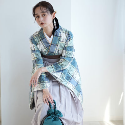 【レンタル】utatane 2尺袖 袴 17点セット 91-99cm レトロモダン系 チェック 青系（1020708001）