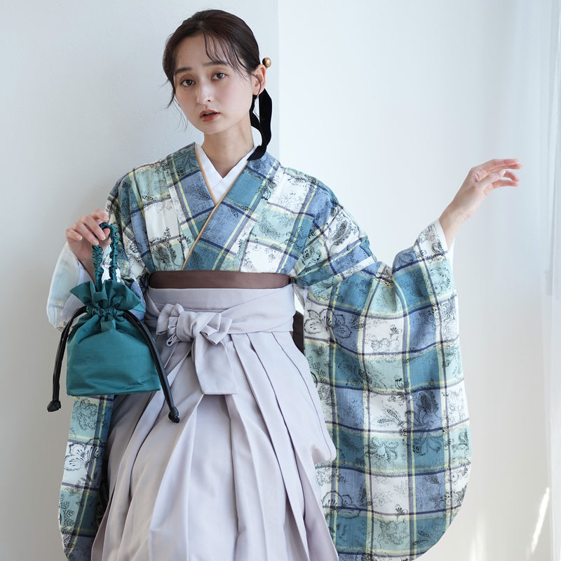 【レンタル】utatane 2尺袖 袴 17点セット 91-99cm レトロモダン系 チェック 青系（1020708001）