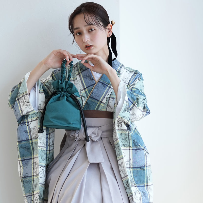 【レンタル】utatane 2尺袖 袴 17点セット 91-99cm レトロモダン系 チェック 青系（1020708001）